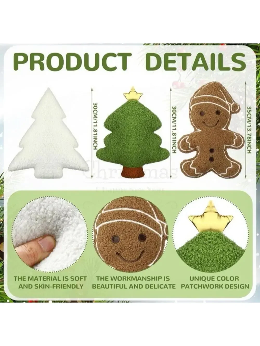 3pc Christmas Plush Throw Pillow Set Gingerbread Man Green White Trees Soft New